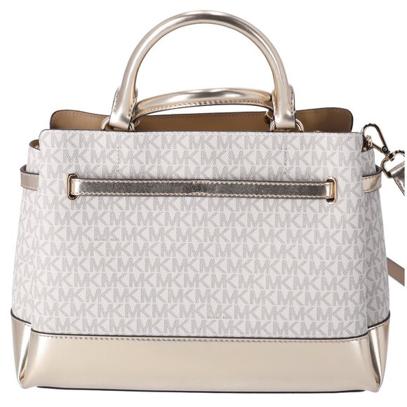 Michael Kors Reed Large Belted Satchel Vanilla MK Signature Pale Gold - Picture 4 of 7